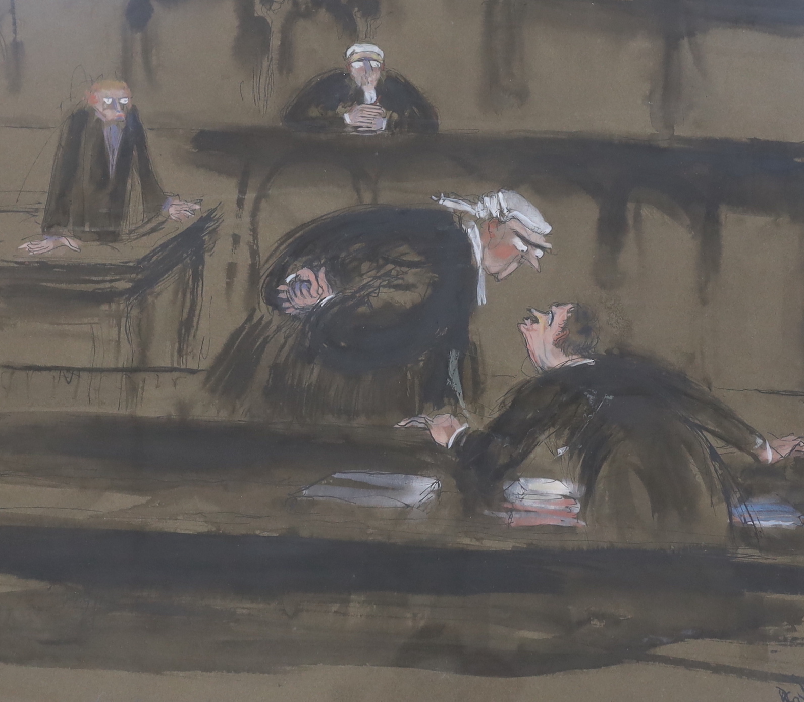 Phyllis Mackenzie (1911-1998), pen, wash and watercolour, ‘Late Instruction’ and ‘Court of Appeal’, labels verso with Marjorie Parr, 285 Kings Road, Chelsea, London label, each 46 x 59cm (2)
